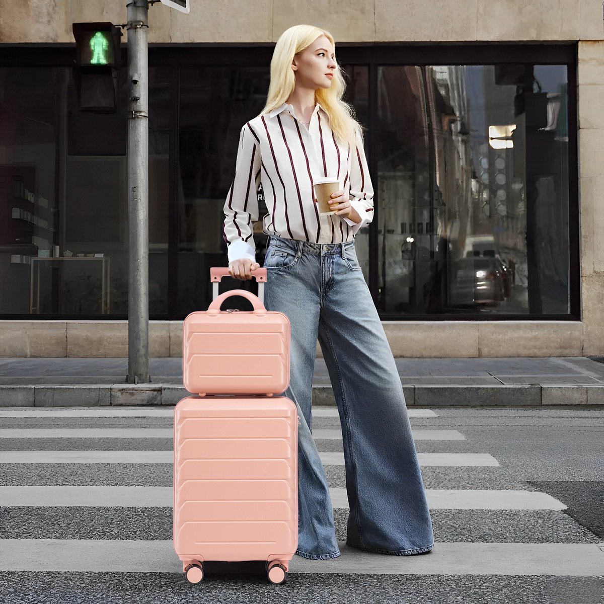 VVBV Kofferset 2 Delig 14/19 inch - ABS Hardcase, Handbagage Koffer, Beautycase, Spinner Wielen, Cijferslot, Roze, Vakantie