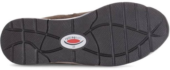 Onderkant van bruine suède enkellaars met 'rollingssft' logo en profielzool.