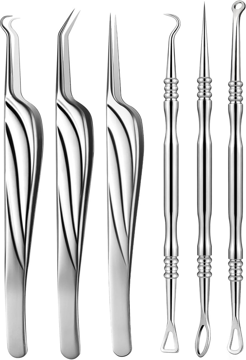 SnelShoppen - 6-delige Blackhead Remover Set, Professionele Acne Comedone Extractor, RVS Pincet Set, Hypoallergene Huidverzorging, Zwart