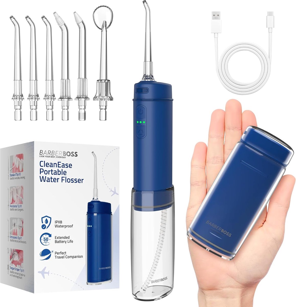 SnelShoppen - Pocket Flosser Water Flosser Draadloos met 6 Tips, USB-C Oplaadbaar, 3 Drukstanden, Tandheelkundige Irrigator voor Reizen, Navy Blauw