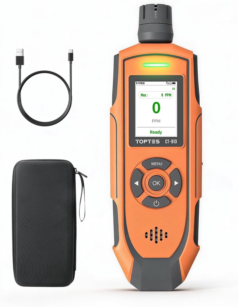 SnelShoppen - Draagbare Koolmonoxidemelder CT-913, Oplaadbare CO-Detector met TFT-kleurendisplay, 3-voudig Alarm, Meetbereik 0-1000 PPM, Ideaal voor K
