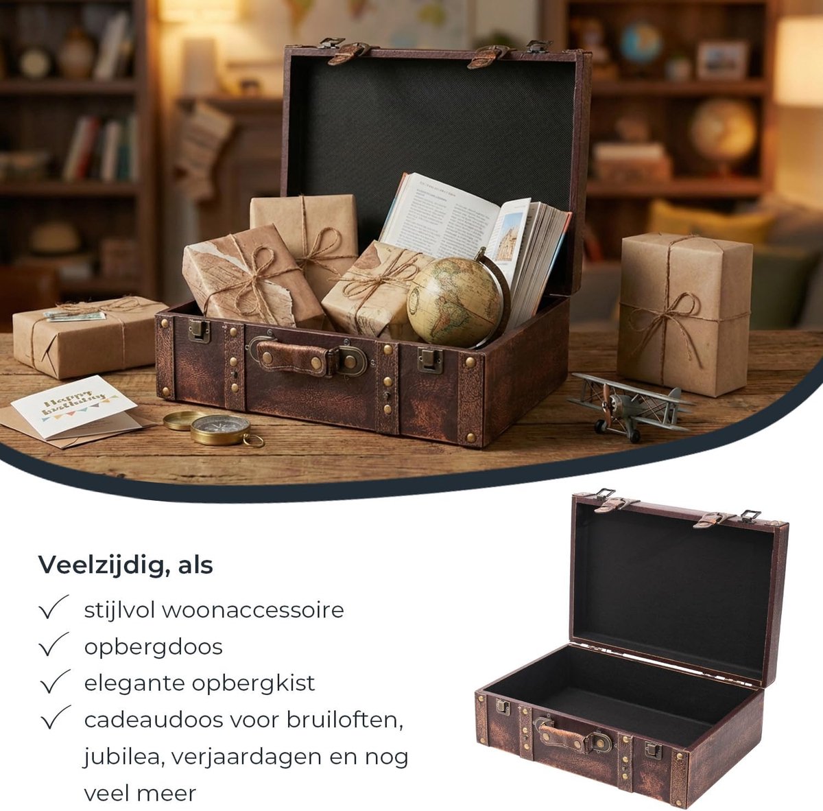 SnelShoppen - Vintage Houten Decoratieve Koffer - Opbergdoos met Deksel en Leren Handvat - Stijlvolle Opbergoplossing voor Bruiloft, Verjaardag - 38x2