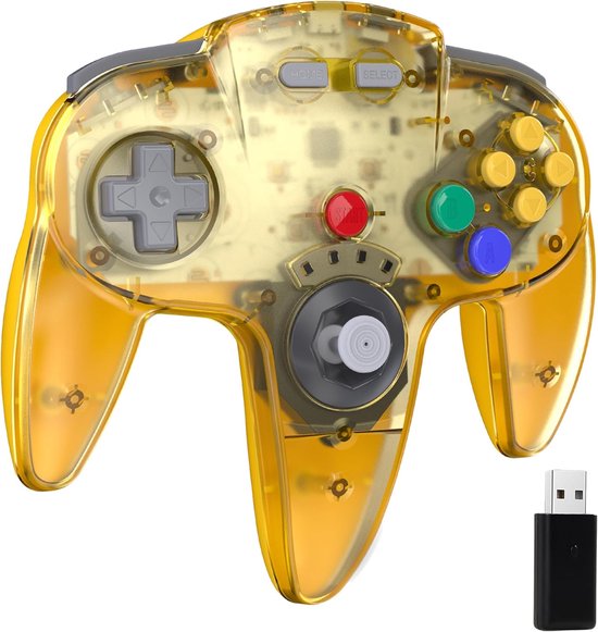 SnelShoppen - Draadloze USB N64 Controller - 2.4G Gamepad Joystick voor Windows PC, MAC, Raspberry Pi, Switch - Geel Doorzichtig met Trilfunctie - Plu