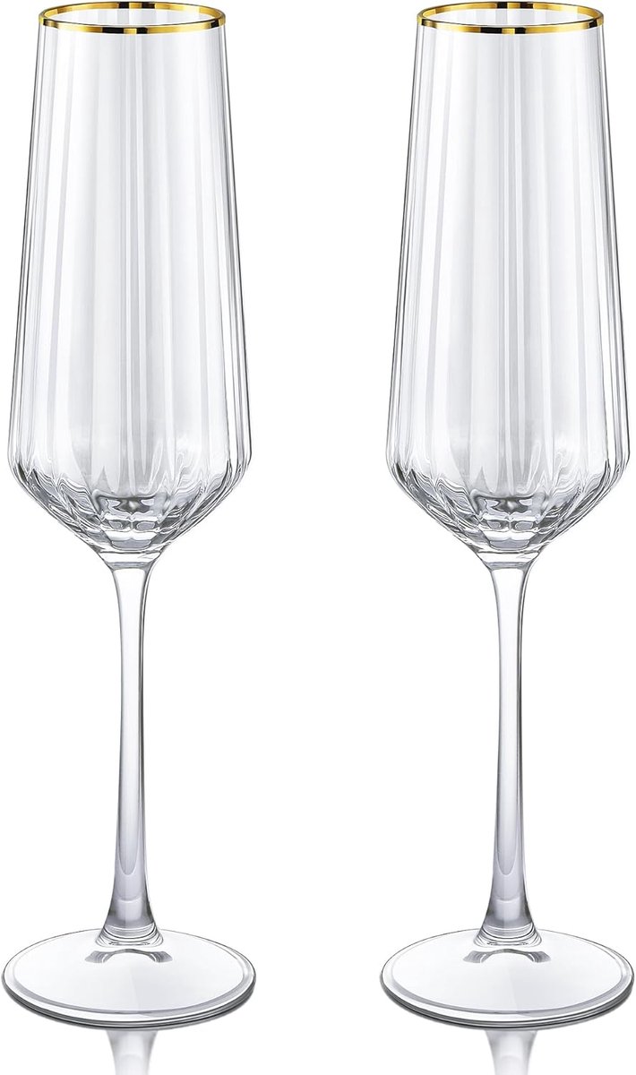 SnelShoppen - Elegante Champagneglazen met Gouden Rand - Set van 2 - 270 ml Kristalglas - Voor Feest, Bruiloft, Verjaardag - Handgeblazen met Strepen