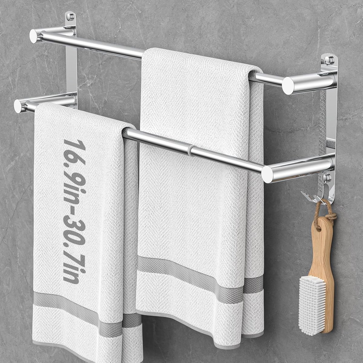 SnelShoppen - 40-80 cm Verstelbare Handdoekhouder voor Badkamer - Rvs, Zonder Boren, 2 Stangen, Ideaal voor 4 Handdoeken of 2 Badhanddoeken, Zilver