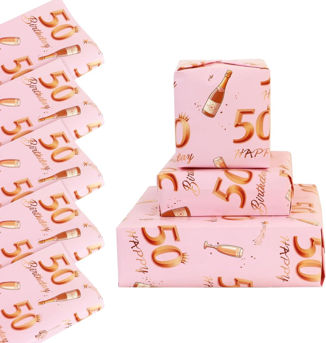 SnelShoppen - Inpakpapier 50e Verjaardag Roségoud Roze - 5 Vellen 70x50 cm - Happy Birthdays Cadeaupapier - Recyclebaar, Feestdecoraties voor Vrouwen