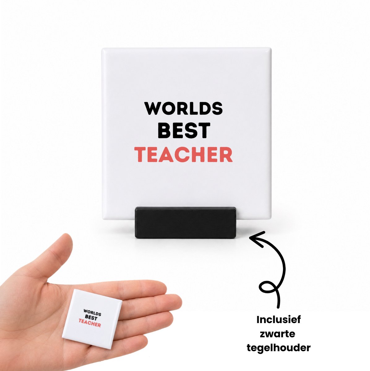 Hacebo worlds best teacher tegeltje met tegelhouder - de beste leraar/lerares - tegeltjes met tekst - juf - meester - verjaardagscadeau - verjaardag - cadeau - afscheidscadeau - geschenk - leuke cadeau - kado - gift - spreuktegels - 4.8x4.8 CM Wit