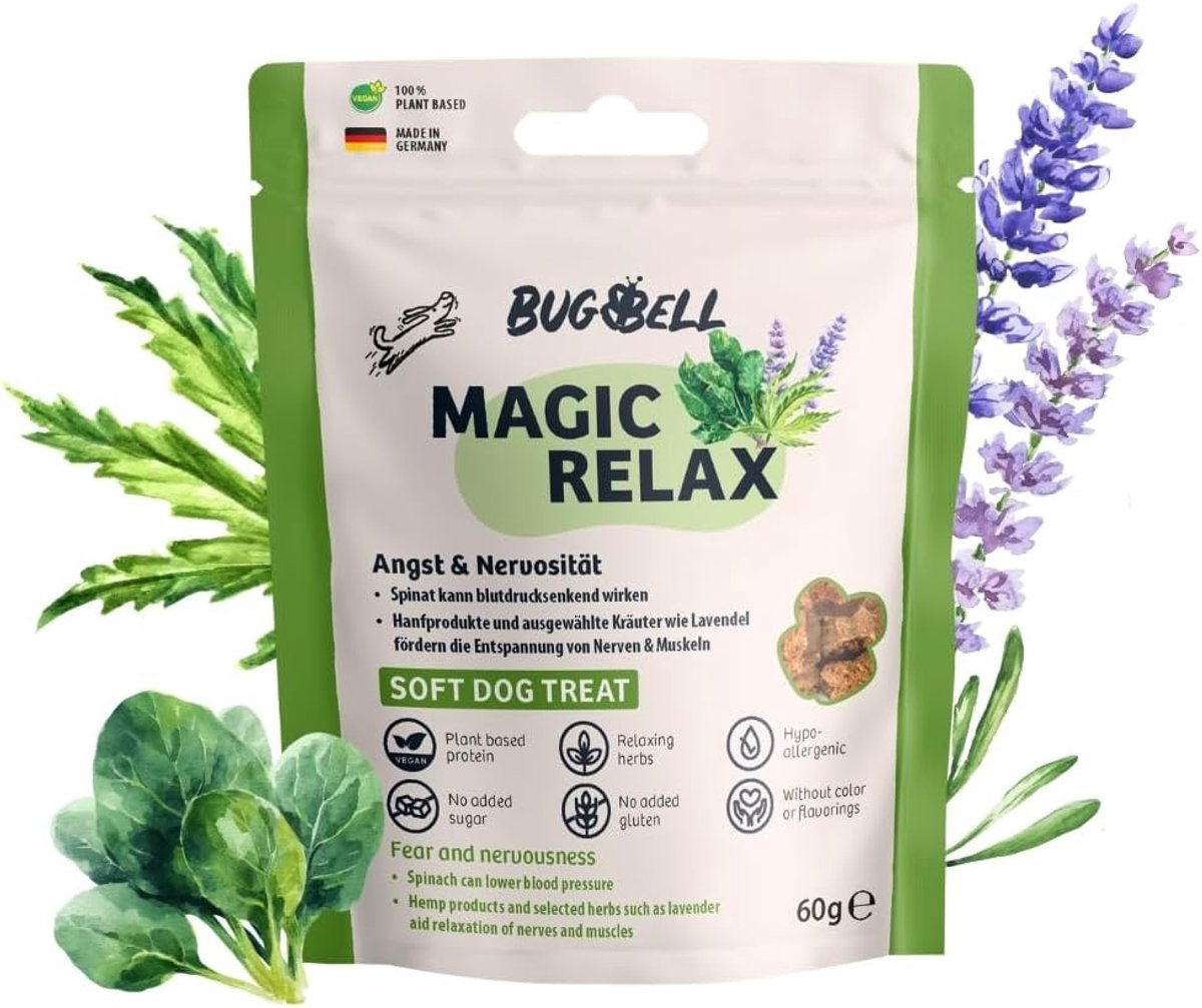 SnelShoppen - Soft Dog Treats voor Ontspanning, 60 g, Hypoallergene Hondenkoekjes tegen Angst en Stress, met Hennep, Spinazie, Fenegriek en Kamille