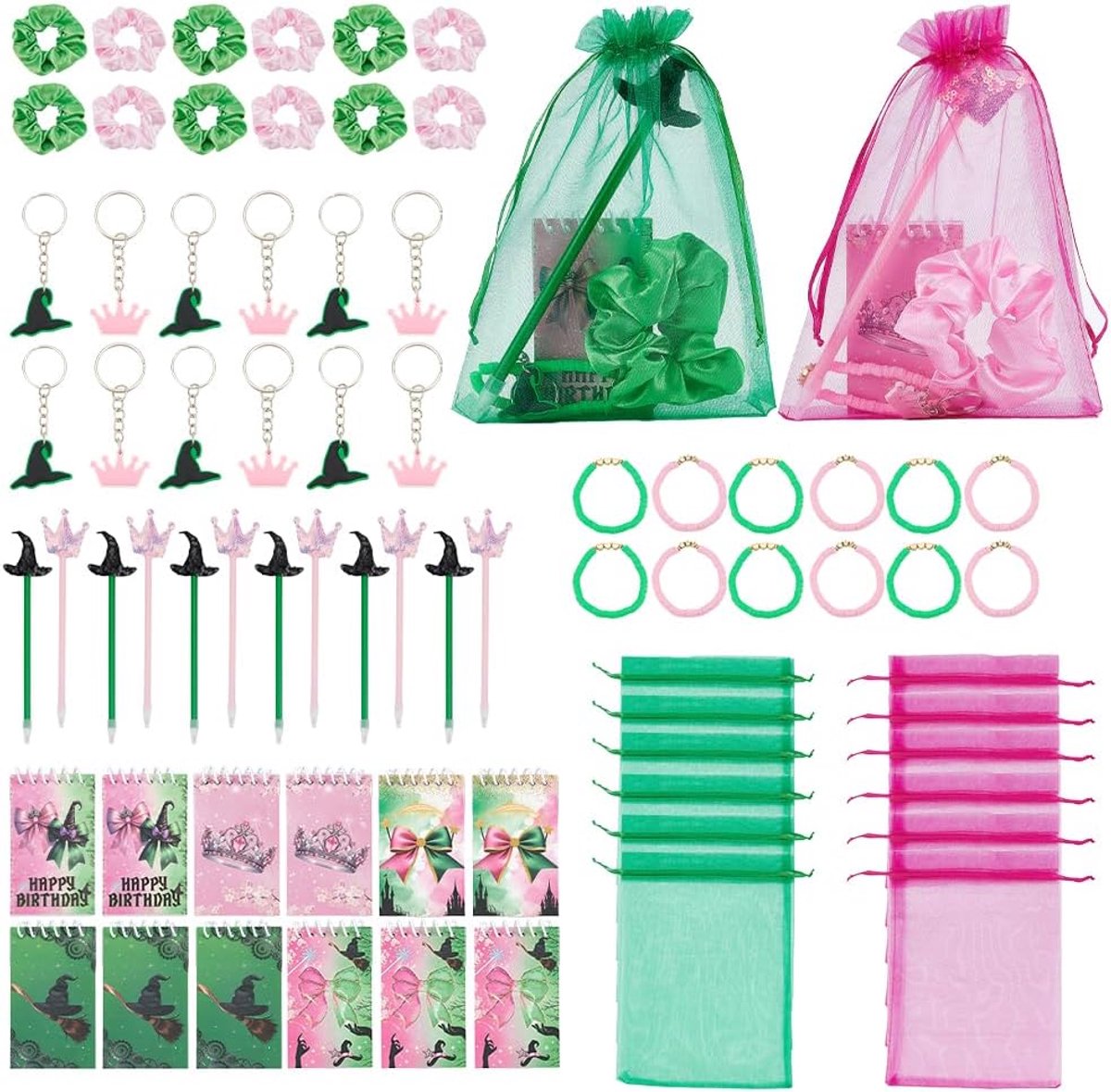 SnelShoppen - 72-delige Heksenthema Feestset Roze en Groen - Notitieblokken, Sleutelhangers, Haarelastiekjes, Balpennen, Vriendschapsarmbanden, Organz