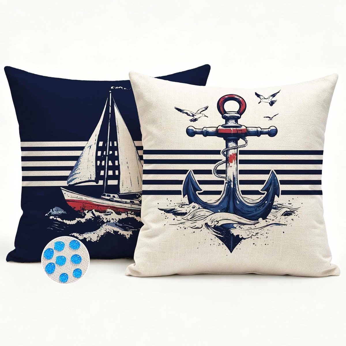 SnelShoppen - Set van 2 Waterdichte Kussenhoezen voor Buitenbank met Marine Anker en Stuurwiel in Navy Blauw 50 x 50 cm Modern Decoratief voor Woonkam