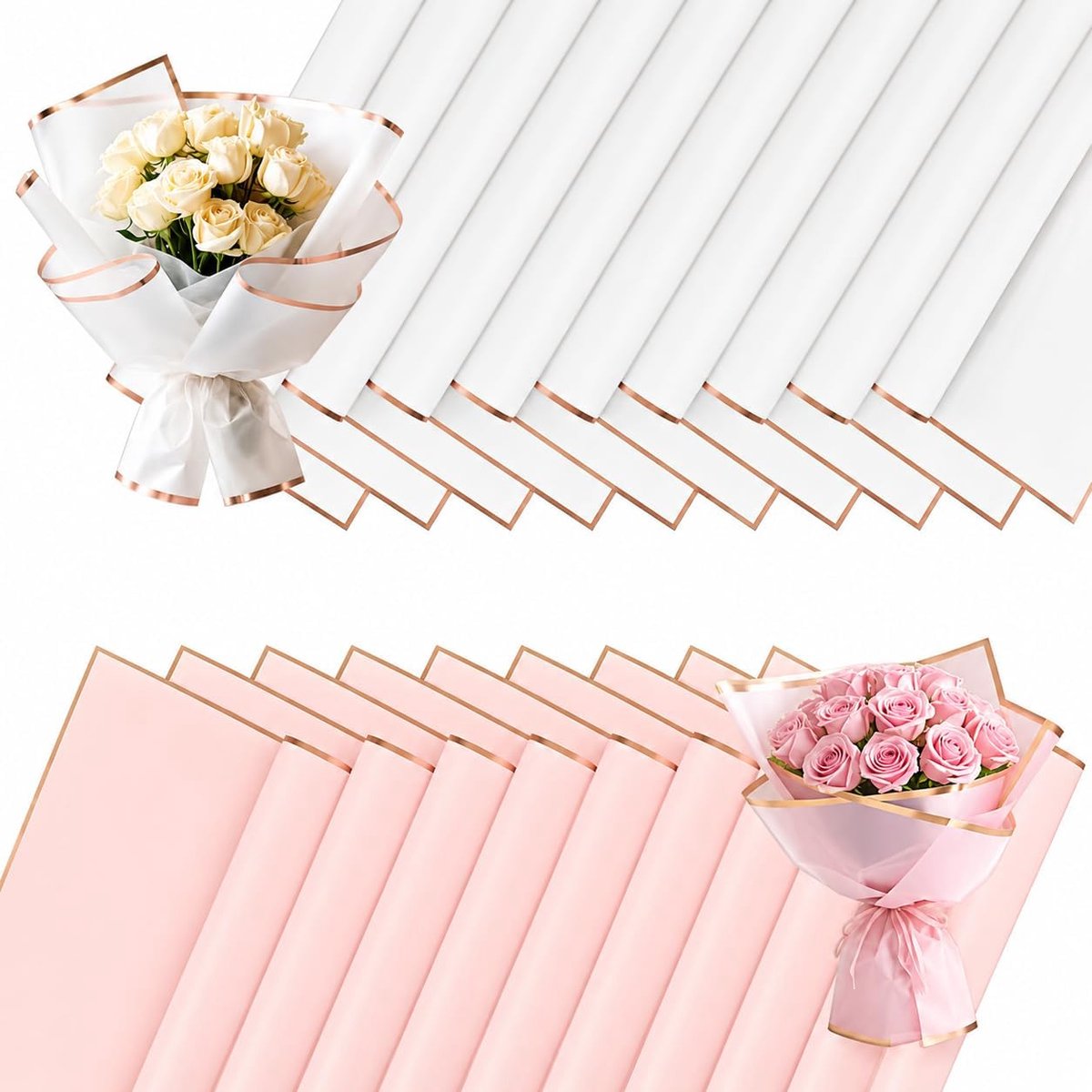 SnelShoppen - 20 Stuks Waterdicht Bloemenpapier - Roze en Wit - Plastic Bloemenfolie met Gouden Rand - Perfect voor Cadeau Verpakking en Bloemstukken