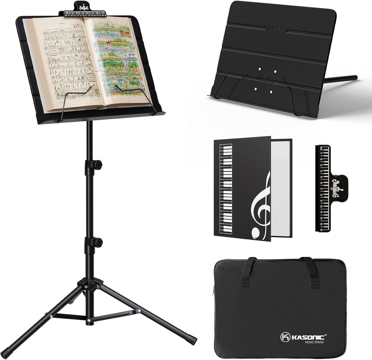 SnelShoppen - Vouwbare Muziekstandaard 2 in 1, Inklapbare Muziekstand met Muziekmap, Draagbare Bladmuziekstand voor Optredens, Tripod Muziekstand Zwar