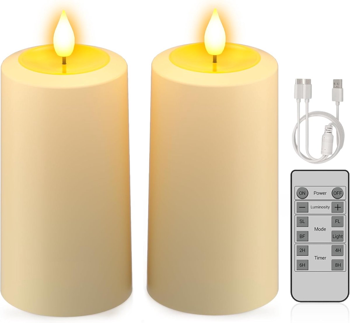 SnelShoppen - Oplaadbare LED Kaarsen - 2 Stuks Grote Flameless Pilaren met Afstandsbediening en Timer - IP64 Waterproof voor Tuin, Camping, Bruiloft,