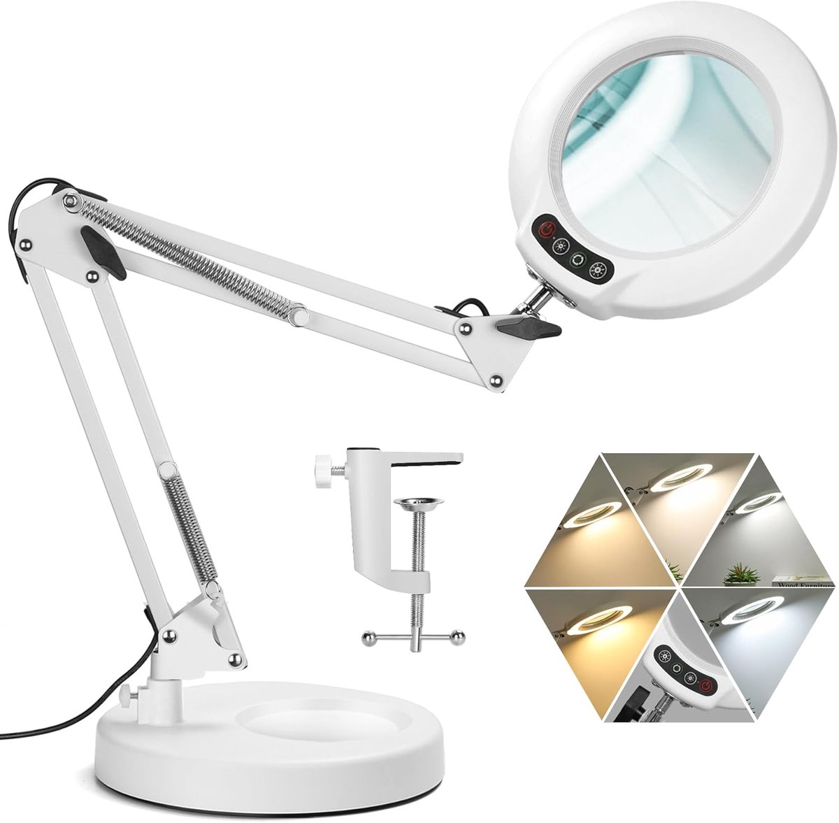 SnelShoppen - 12x Vergrootglas met Licht, 5 Kleurmodi, Traploos Dimbaar, 2-in-1 Bureaulamp en Klem, LED Loep voor Handwerk, Hobby, Schilderen, Werk, H