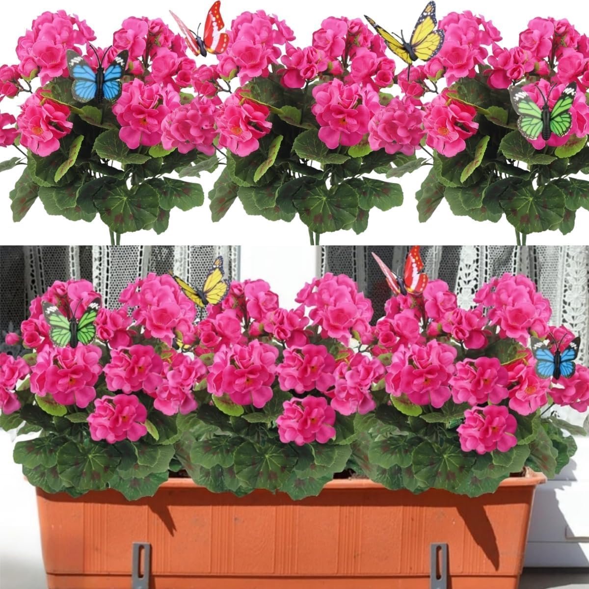 SnelShoppen - Kunstbloemen voor buiten, 4 bundels UV-bestendige geraniums, nep zijden bloemen voor lente en zomer decoratie, roze, ideaal voor tuin, v