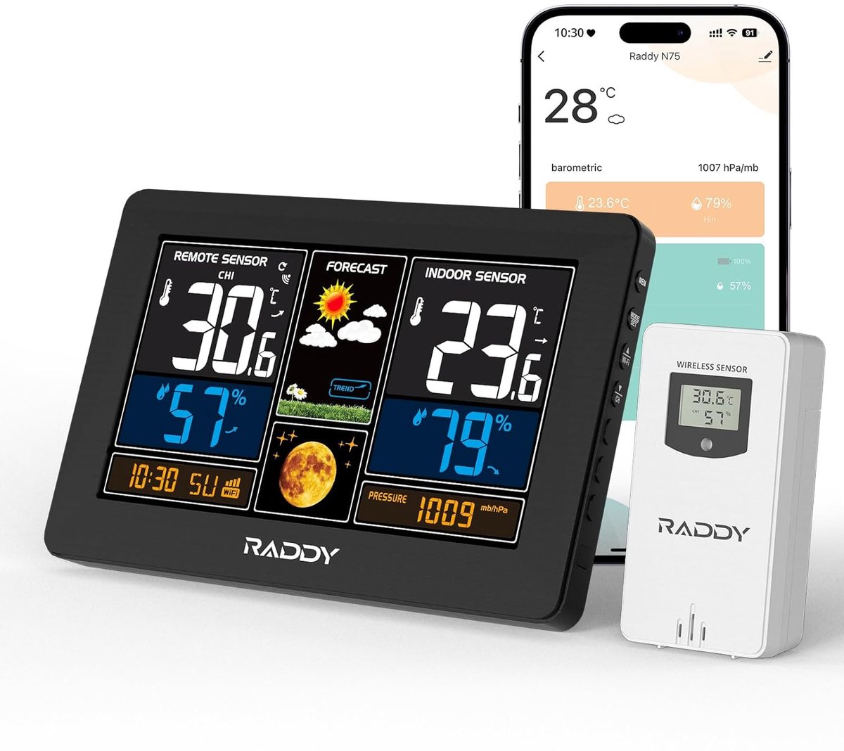 SnelShoppen - Draadloos Weerstation 7,5 Inch met Buitensensor, Wi-Fi Verbonden, Weersvoorspelling, Temperatuur, Luchtvochtigheid, Vorstwaarschuwing en
