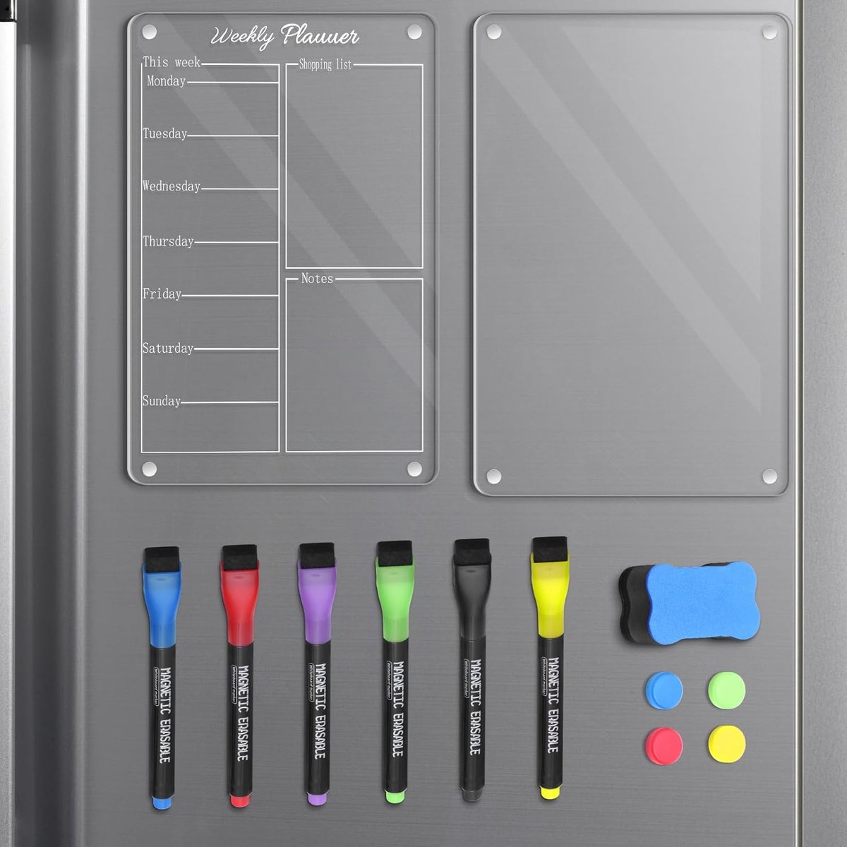 SnelShoppen - 2 Stuks A4 Magnetische Koelkast Kalender - Afwasbare Weekmenuplanner met 6 Kleur Markers - Ideaal voor Menuplanners, Boodschappenlijstje