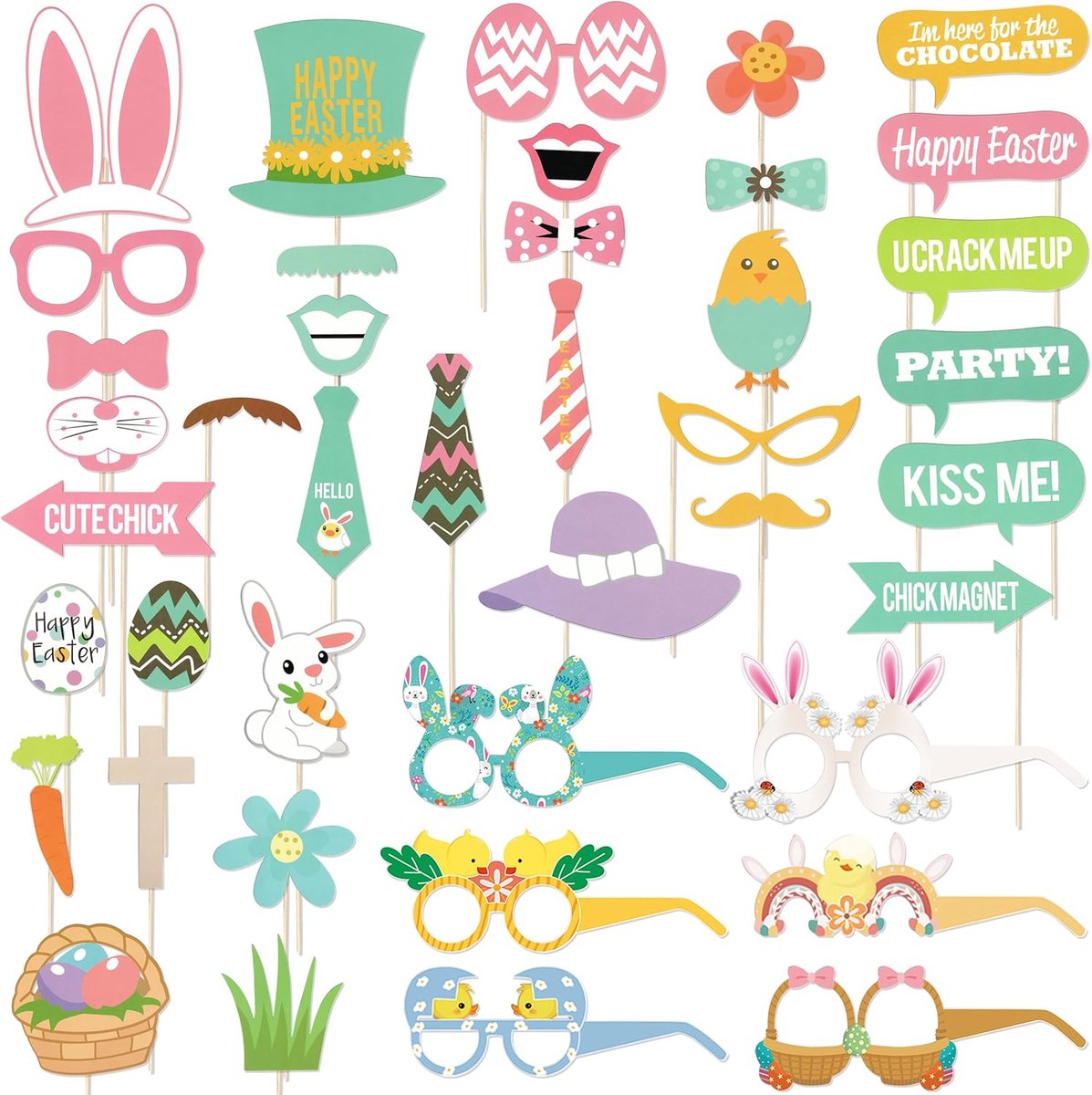 SnelShoppen - 41 Stuks Pasen Fotoprops en Feestglazen - Hoge Kwaliteit Cardboard - Voor Pasen, Bruiloften, Verjaardagen en Feestdecoraties - Kleurrijk