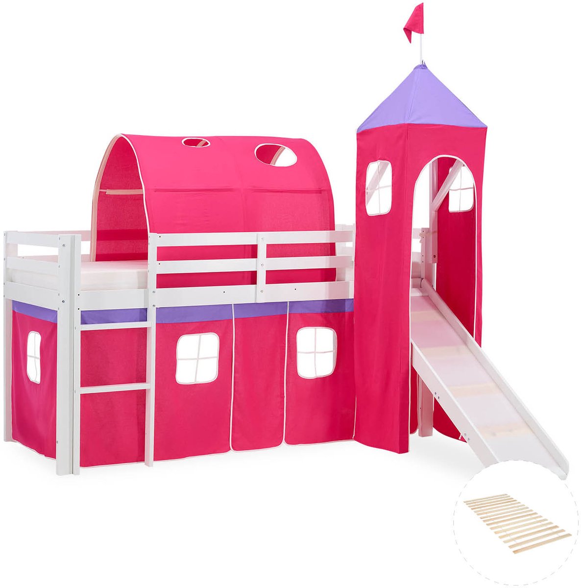 Homestyle4u Hoogslaper - 90x200 cm - met lattenbodem - toren - tunnel - glijbaan en roze gordijn Wit