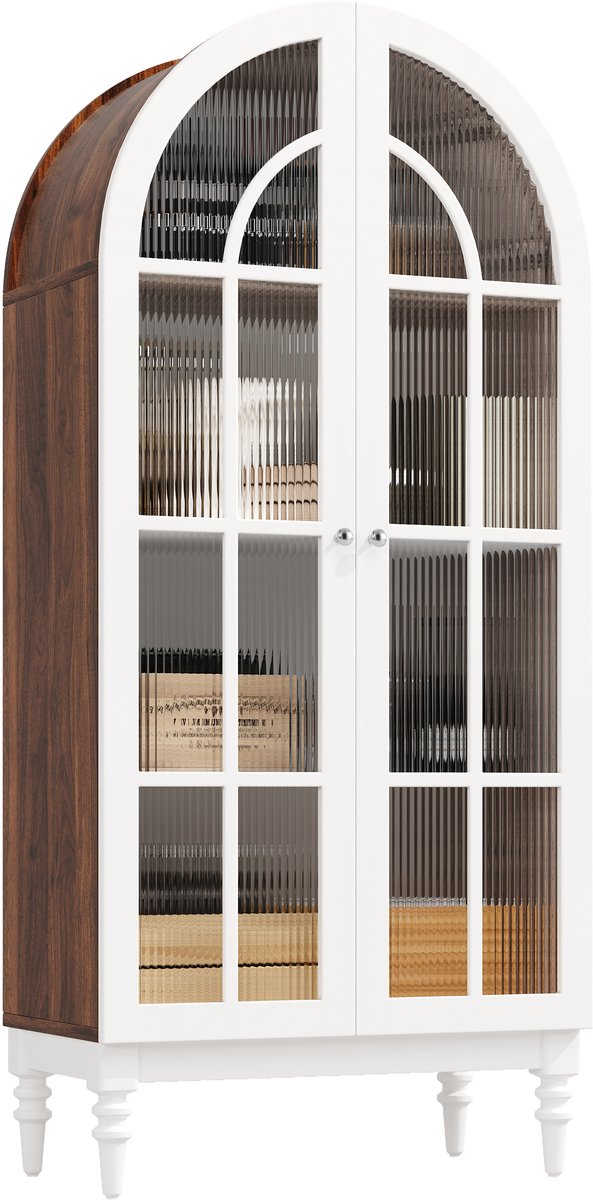 MEUNIQ vitrinekast 76 x 38,5 x 165 cm met boogdesign, dubbele geribbelde glasdeuren, 3 planken en MDF kast voor woonkamer, eetkamer of hal in wit en walnoot White