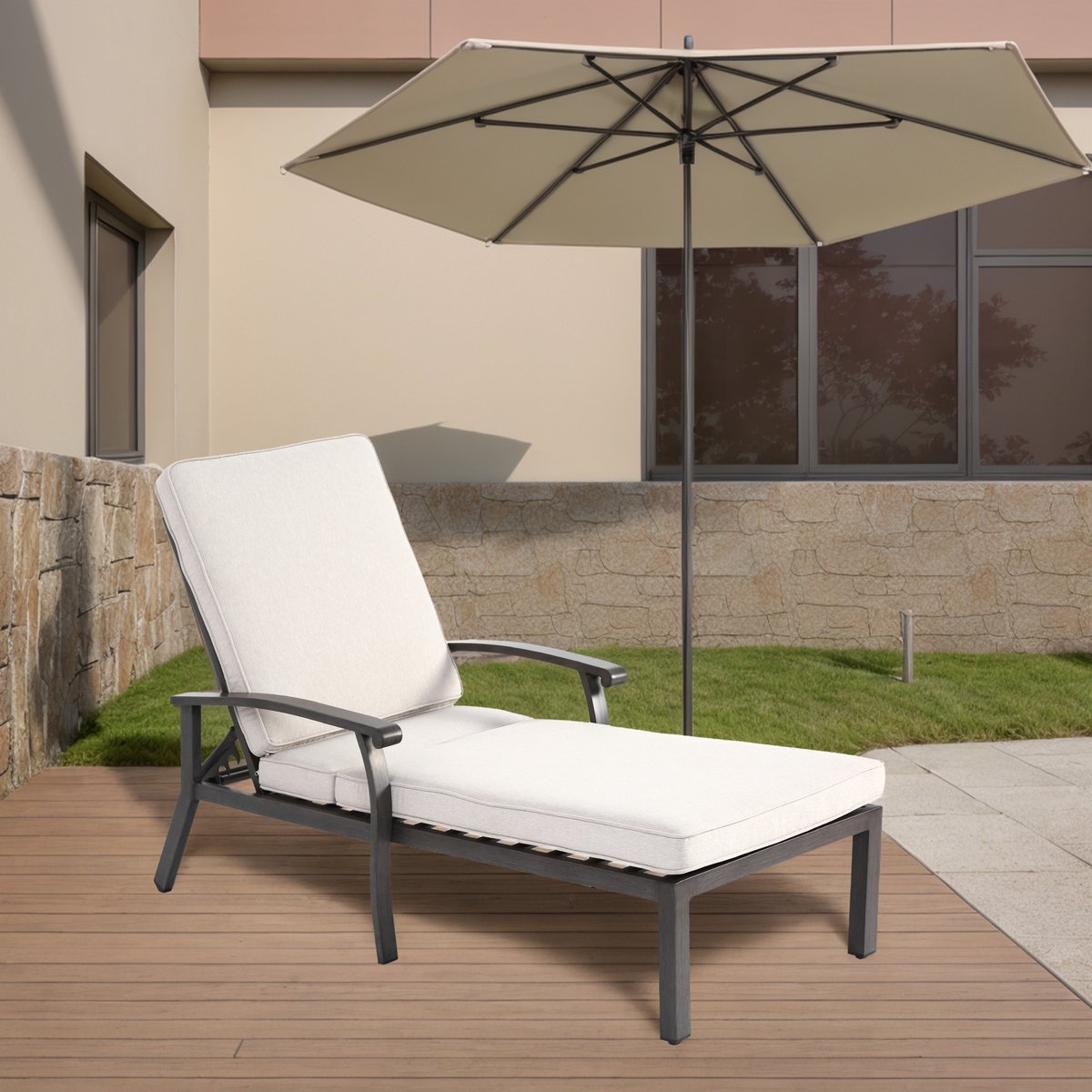 FloraGrace Ligbed 204 x 58 cm - Verstelbare Rugleuning Met 5 Standen En Kussen - Voor Terras, Tuin En Zwembad - Aluminium - Beige