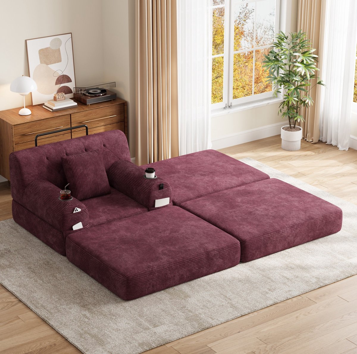 HAUSS SPOLE Fauteuil - 1-Zits Slaapfauteuil Met Hocker - Hoge Rugleuning en 2 Bekerhouders - Voor Woonkamer en Logeerkamer - Cord Wijnrood