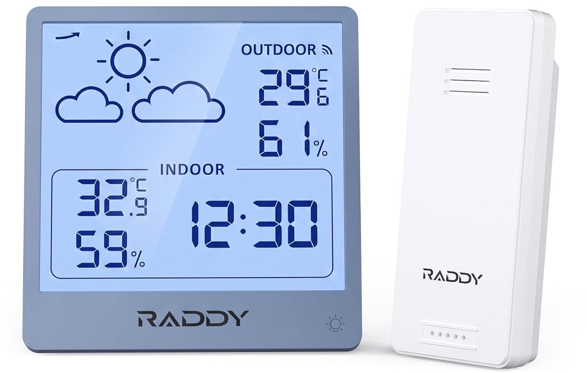 SnelShoppen - Draadloos Weerstation Binnen Buiten Thermometer Hygrometer met 5,0'' TN-Display, Temperatuur- en Vochtigheidsmeter op Batterijen, Afstan