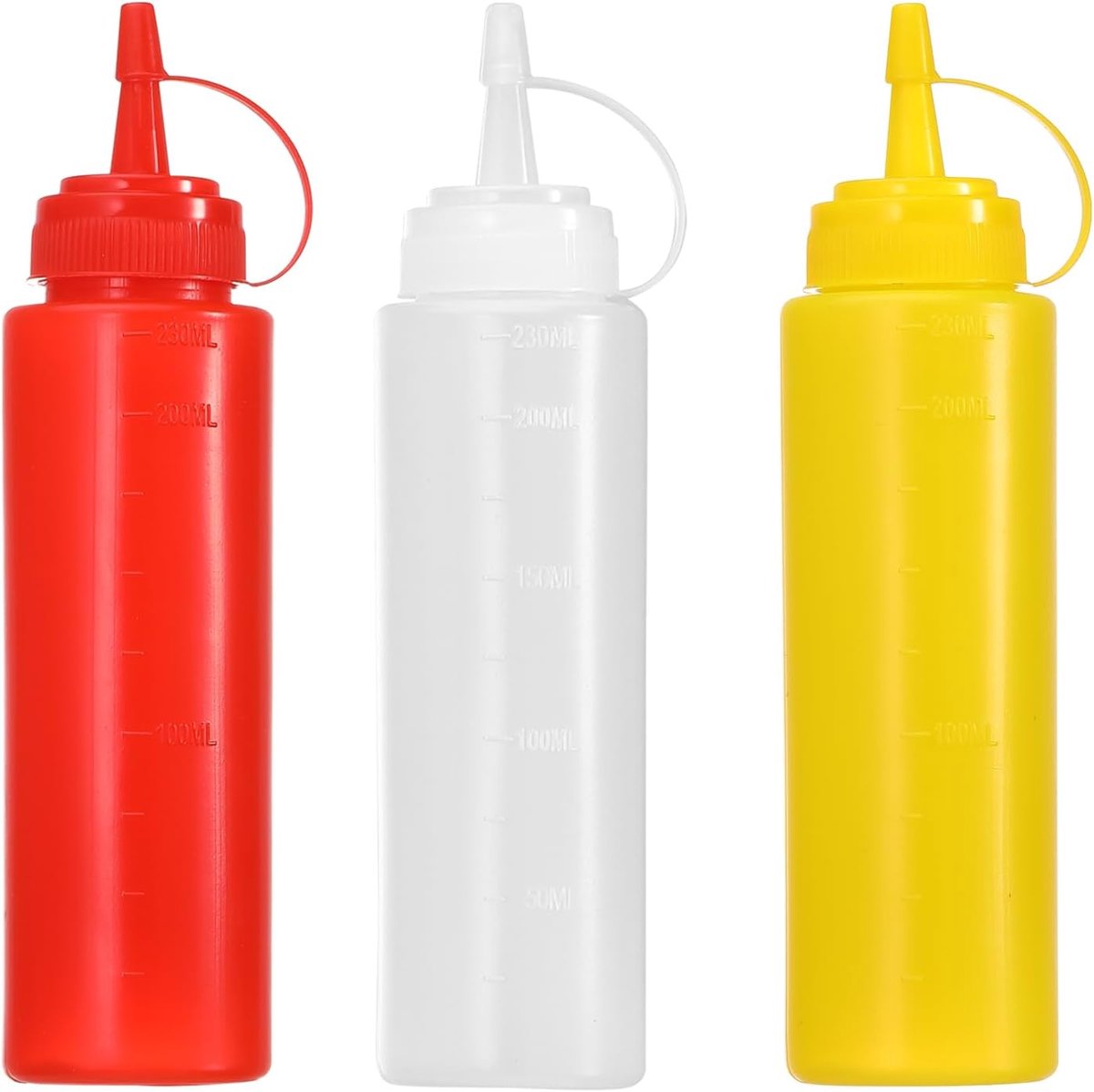SnelShoppen - Knijpfles Apparaten 3-Pack - 230 ml & 8 oz Plastic Sausflessen met Spuitdop - Lekvrije Ketchup & Sauzen Flessen - Transparant, Geel, Roo