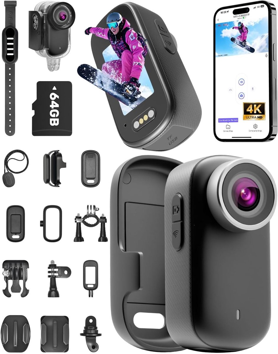 SnelShoppen - Mini Action Cam 4K Geüpgraded, Bodycam met 64 GB SD-kaart, Waterdicht tot 30m, 180 Minuten Batterijduur, 150° Groothoek & 1,47 Inch Disp