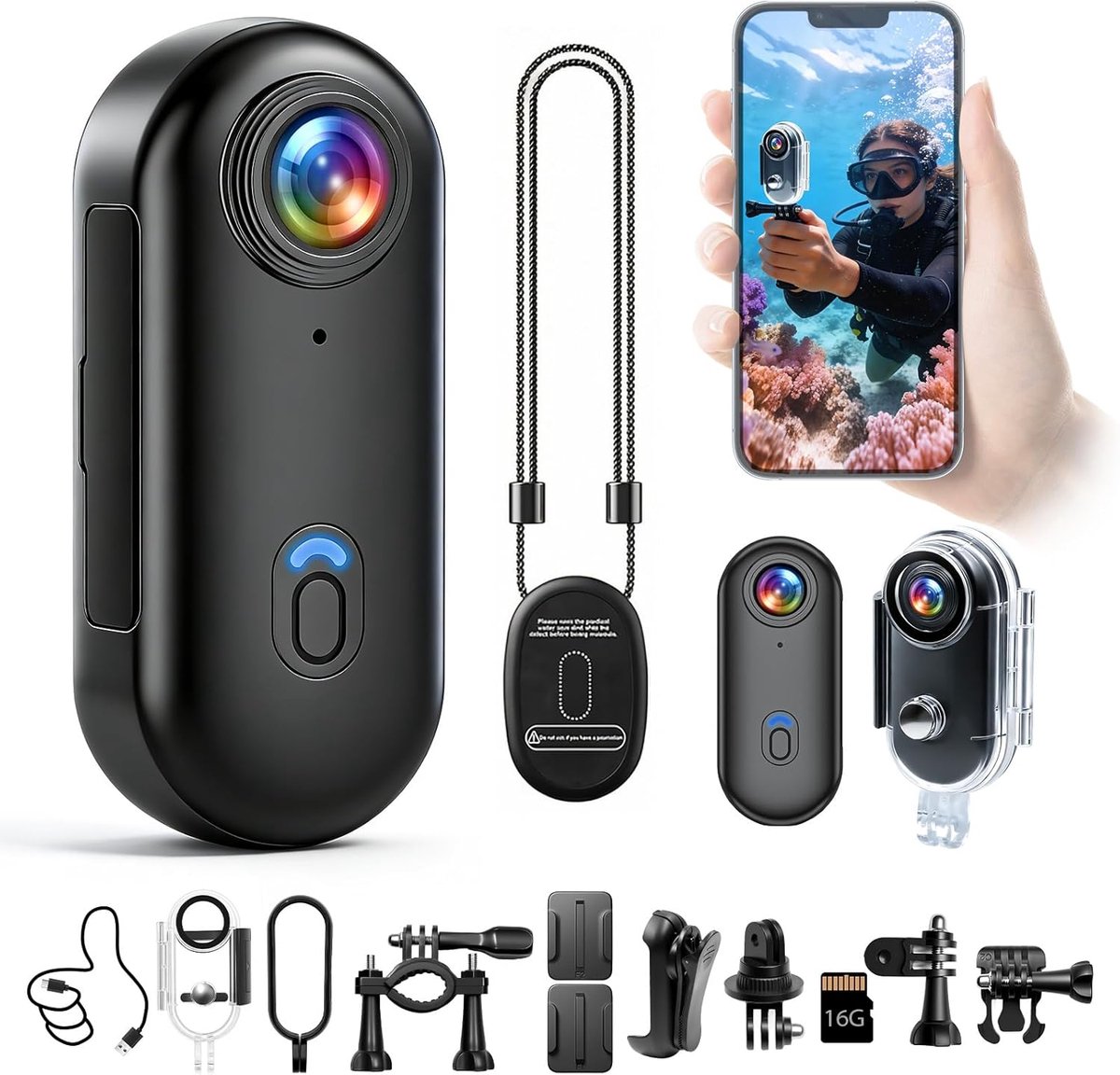 SnelShoppen - Actiecamera 4K Wifi Waterdicht met 120° Hoek - Mini Lichaamscamera met Magnetische Bevestigingen en 16 GB SD-kaart voor Avontuurlijke Ac