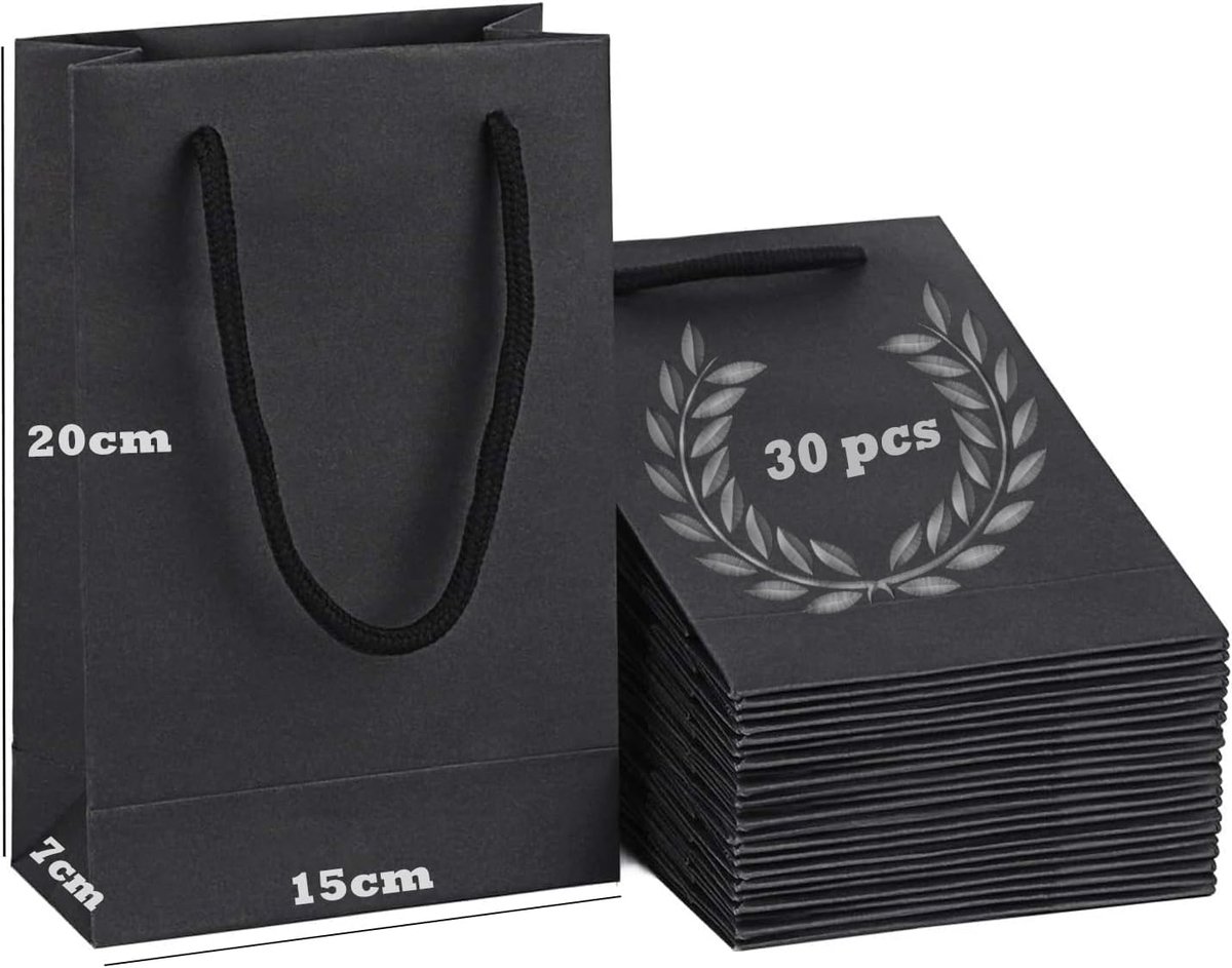 SnelShoppen - 30 Zwarte Cadeauzakjes met Handvat - 15x7x20 cm Kraftpapier - Perfect voor Bruiloft, Kerst, Feestelijke Gelegenheden - Cadeautasjes voor