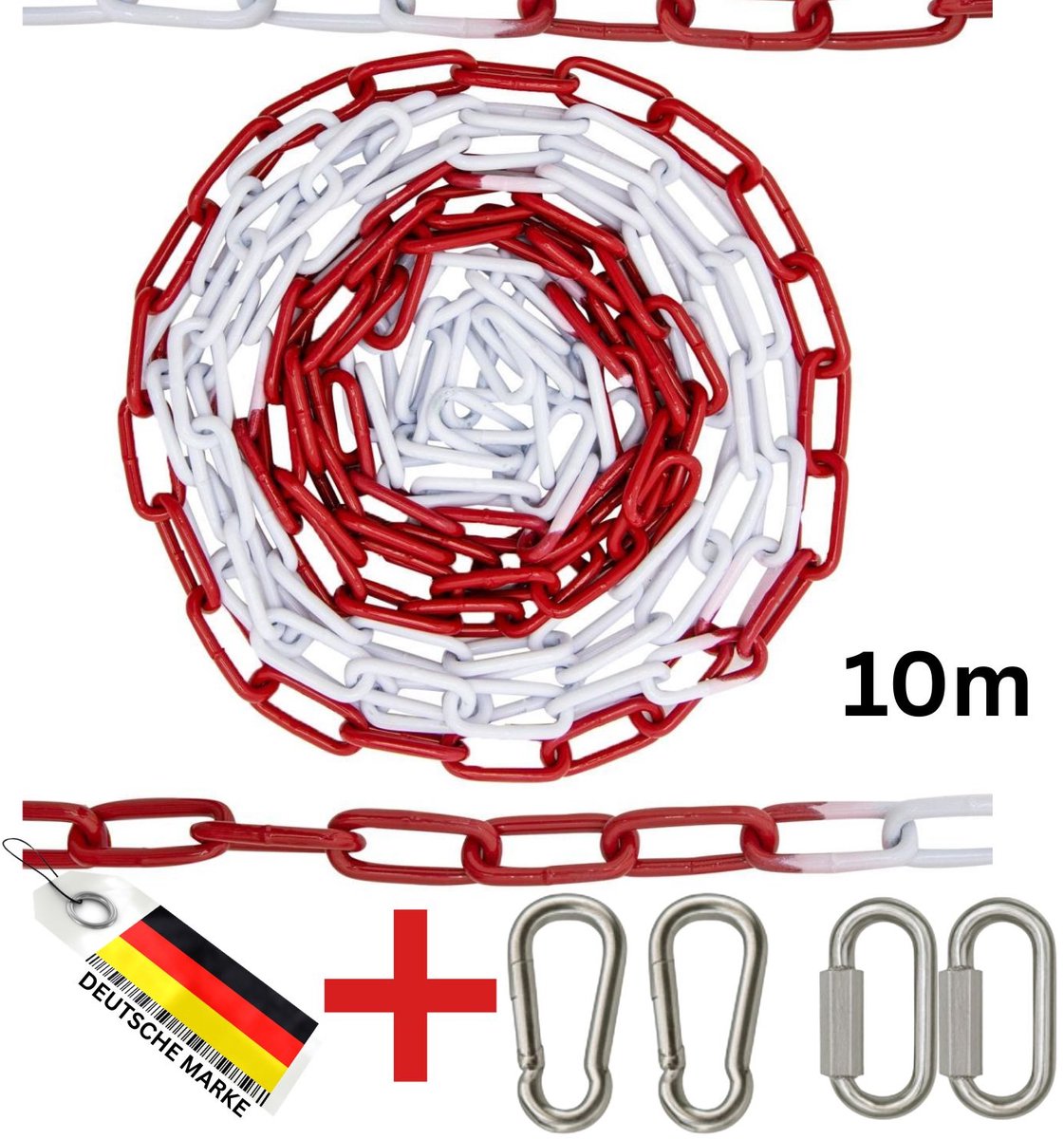 FAMEX 10m Metalen Afzetketting - 5 mm Rood Wit - Verzinkte Stalen Waarschuwingsketting met Karabijnhaken en Verbindingsschakels - Voor Parkeerplaats, Bouwplaats en Afzetting