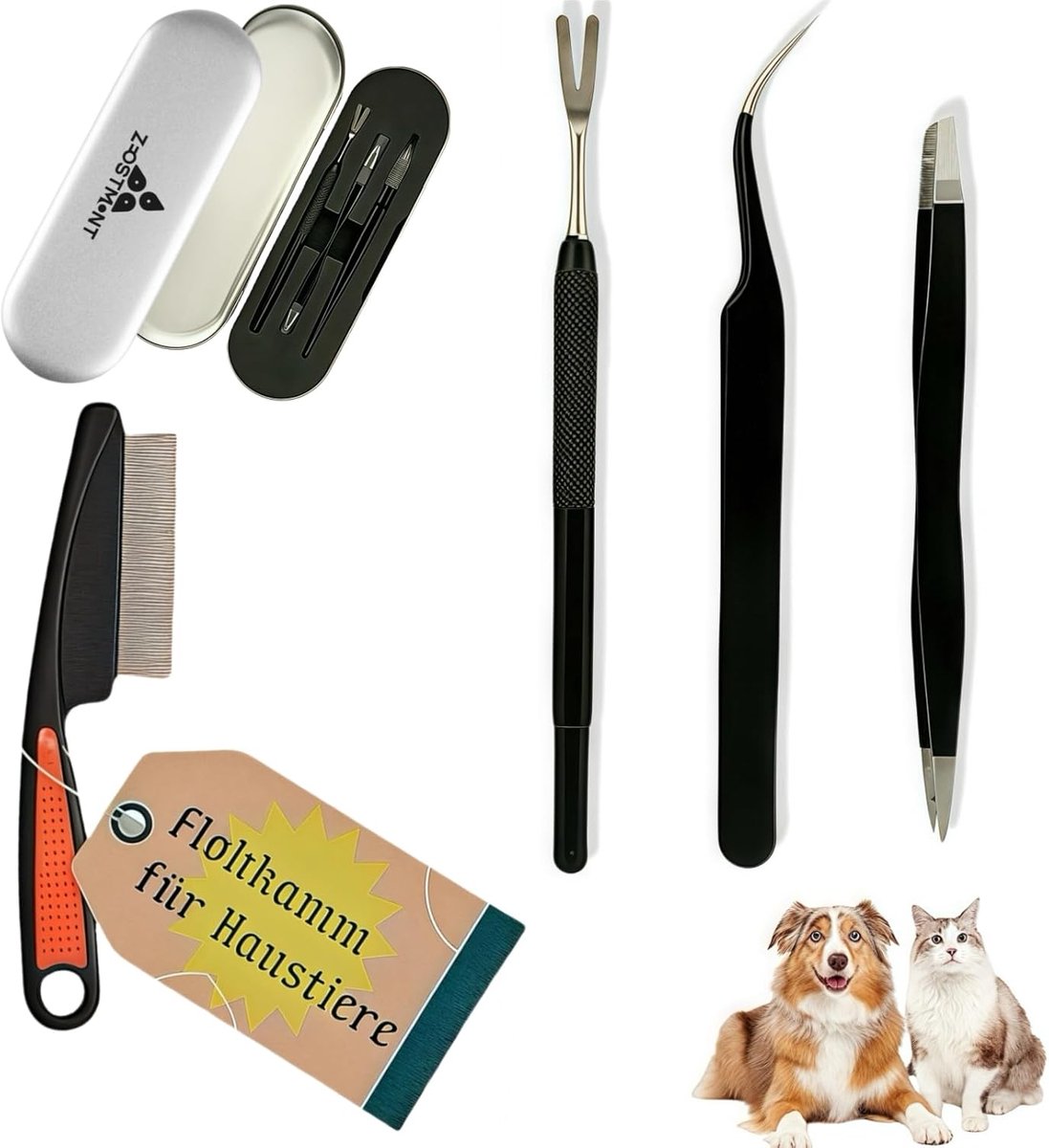SnelShoppen - 4-delige Tekentang Set van Roestvrij Staal voor Honden en Katten - Tekenverwijderaar voor Mens met Tekenpincet, Tekenhaak en Vlooienkam