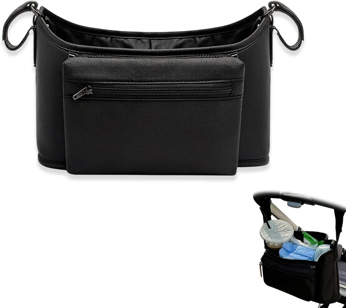 SnelShoppen - Universele Kinderwagen-Organizer met Geïsoleerde Bekerhouders - Grote Capaciteit, 3-in-1 Zwarte Kinderwagenaccessoires, Luiertassen voor