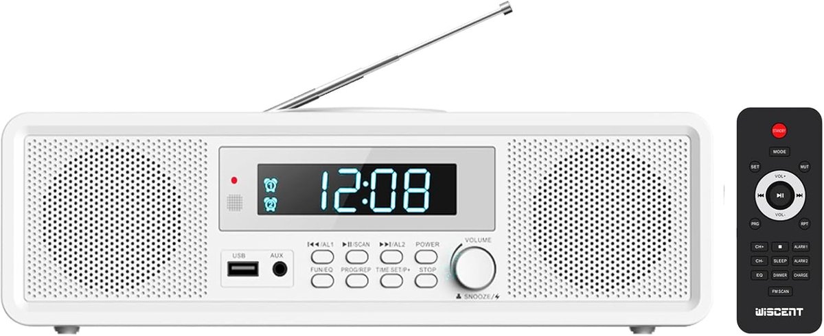 SnelShoppen - Compacte Radio met CD-Speler, 20W RMS Geluid, Bluetooth, FM Radio, USB, MP3, AUX, Digitale Wekker, Ideaal voor Thuis, Camping en Feesten