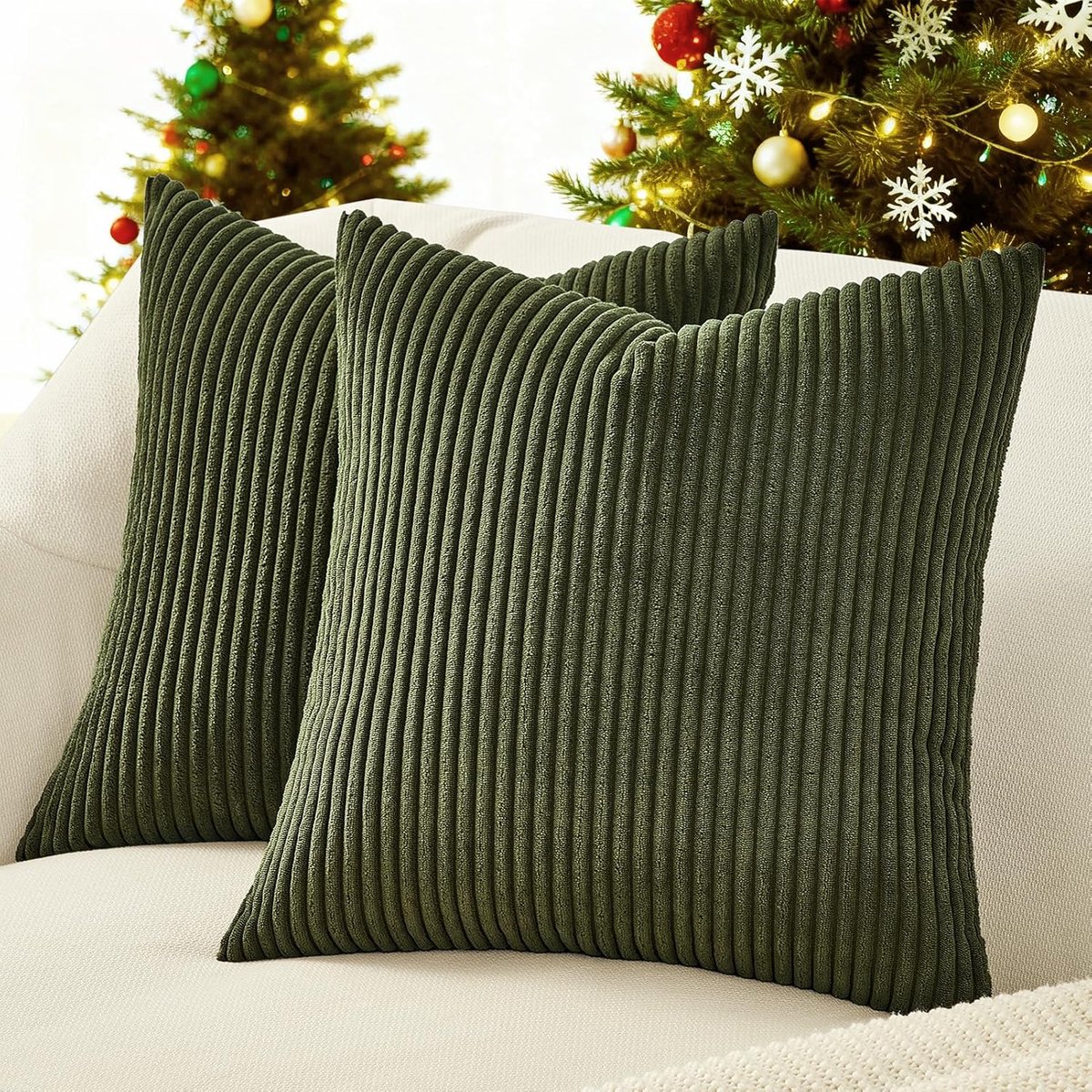 SnelShoppen - Kussenhoezen 50x50 cm Set van 2, Olijfgroen Corduroy, Gestreept Patroon, Zachte Decoratieve Kussenhoezen voor Woonkamer en Slaapkamer