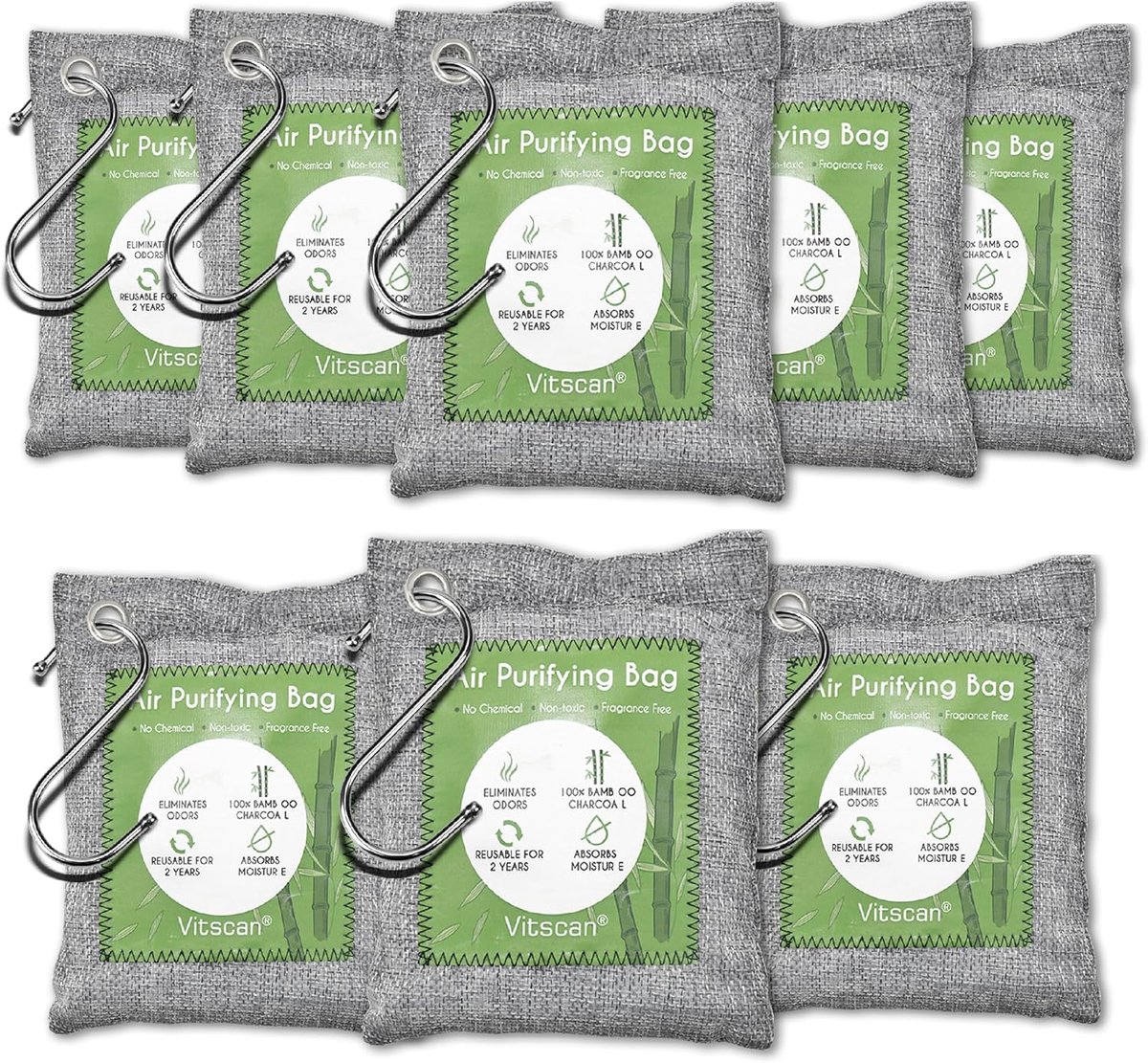 SnelShoppen - 8 Pack Bamboo Charcoal Luchtzuiveringszakken, Geactiveerde Houtskool Geurabsorber, Vochtabsorber, Natuurlijke Auto Luchtverfrisser, Scho