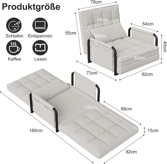 Opvouwbare slaapbank - Slaapstoel - Logeren - 5-traps verstelbaar - 82x73cm - Wit — afbeelding 5
