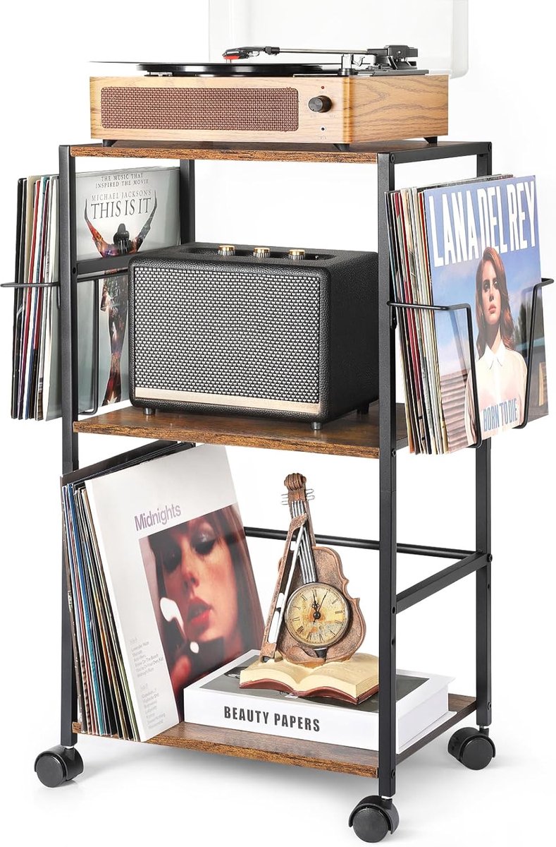 SnelShoppen - Vinyl Record Storage Rolling Side Table met Turntable Stand voor 150 Platen, Multifunctionele Eindtafel met 2 Vinyl Displays, Perfect vo