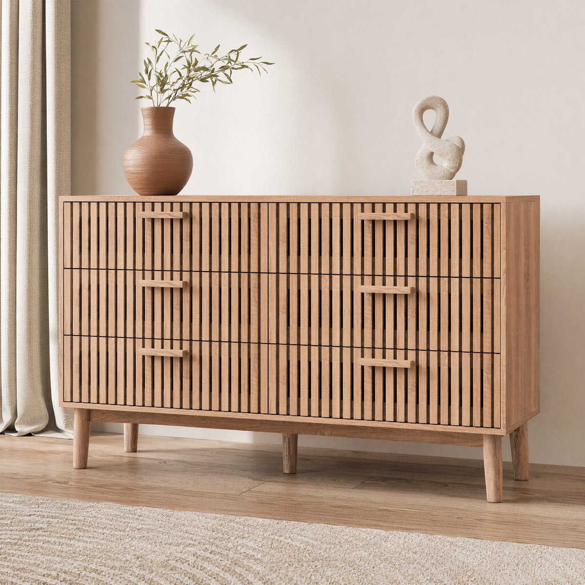 SHOPENTRA Kommode met 6 Laden 100x34x73 cm | Antraciet Houten Opbergkast | Lade Kast voor Hal, Slaapkamer, Woonkamer of Kinderkamer Houtkleur