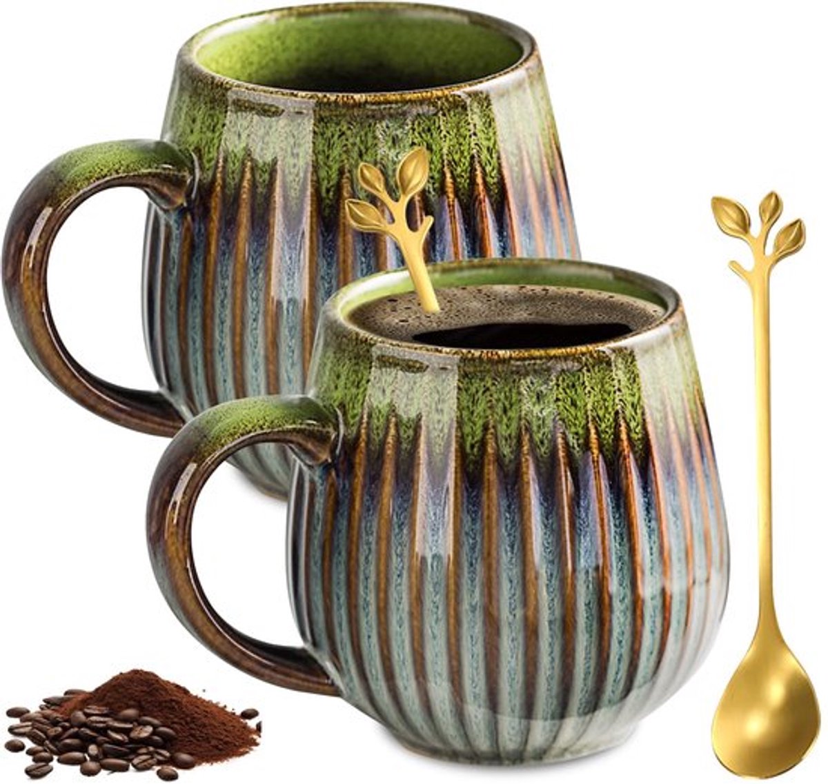 Keramische Koffiekoppen met Handvat, 480 ml, Grote Set van 2, Porseleinen Koffiekoppen met 2 Gouden Lepels, Grote Theekop, Keramische Mok voor Dranken, Koffie, Melk, Lichtblauw, Inktgroen