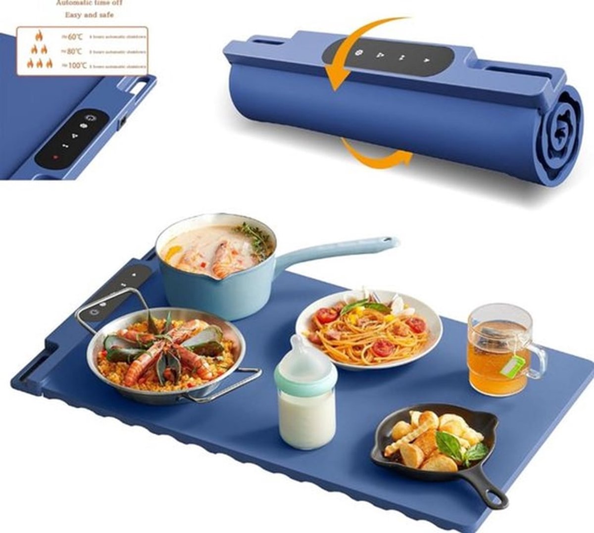 Voedselverwarmer-Warmhoudplaat-Siliconen voedselverwarmingsmat - Voedselverwarmingsmat - Elektrische verwarmingsmat, Slimme voedselverwarmingsmat, Flexibele siliconen plaat - Blauw - 65x38 cm