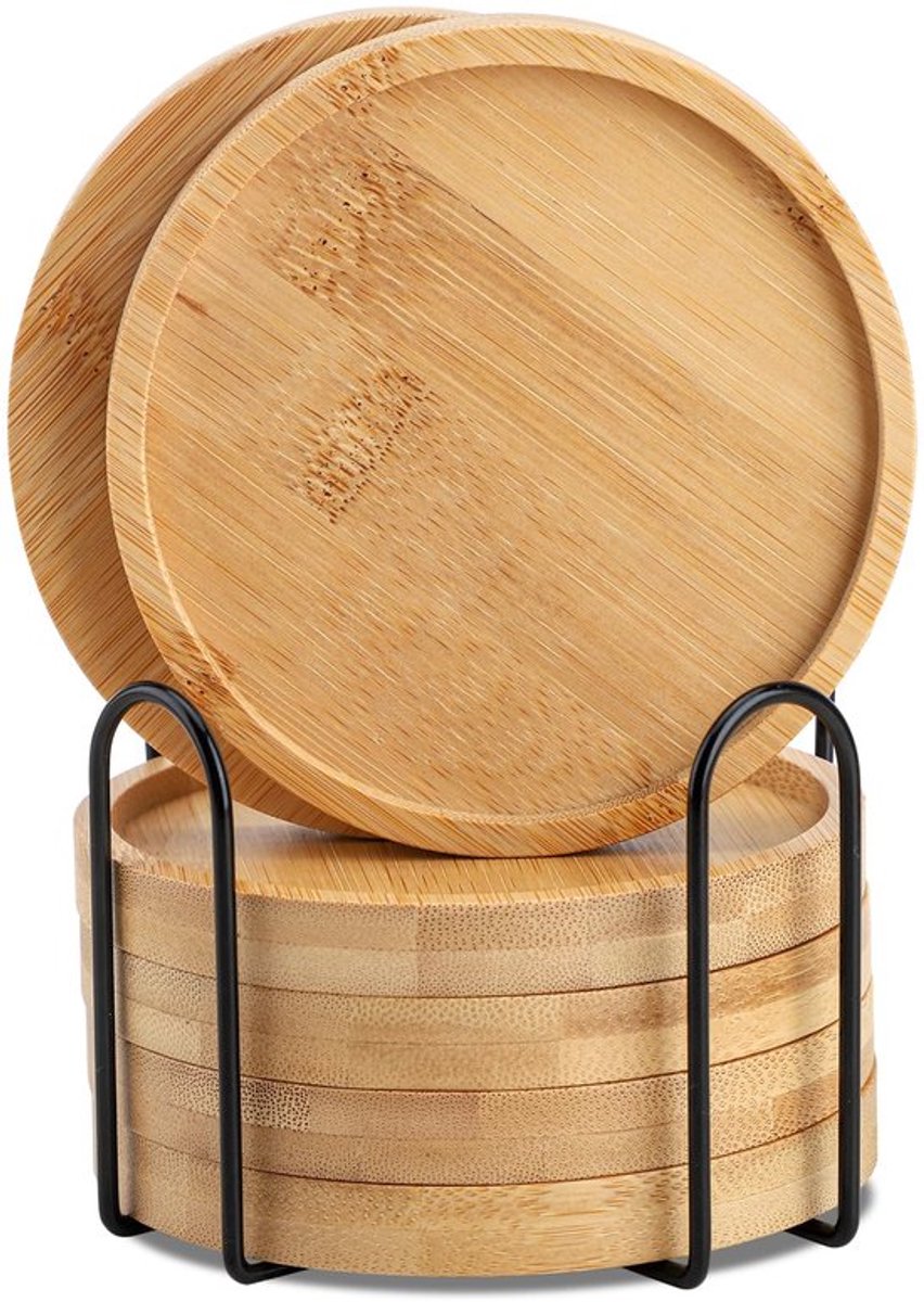 Set van 6 ronde bamboe onderzetters met houder, voor glazen, 11 cm, natuurlijke en duurzame keuze