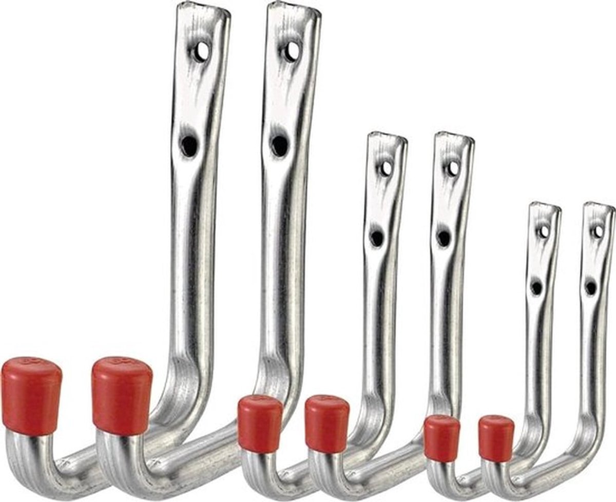 Assortiment wandhaken 6-delig - 3 verschillende maten - belastbaar tot 15 kg - met beschermende rubberen kap - verzinkt/universele haak/montagehaken voor garage/opberghulp.