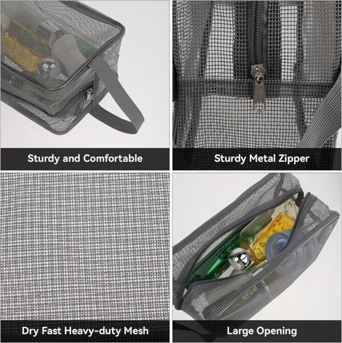 Draagbare mesh douchecaddy - Sneldrogende draagtas met rits voor sportschool, reizen, kamperen, zwemmen en strand (grijs)