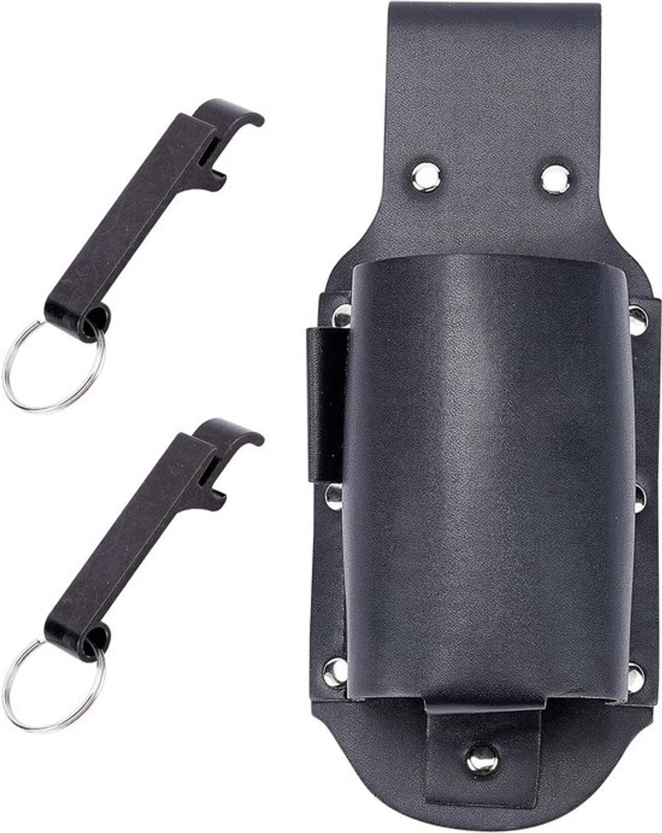 - Bierdrager - Riemhouder - Handige accessoire - Zwart - Flesopener - Draagbaar - Geschikt voor feestjes - Bruin metaal.