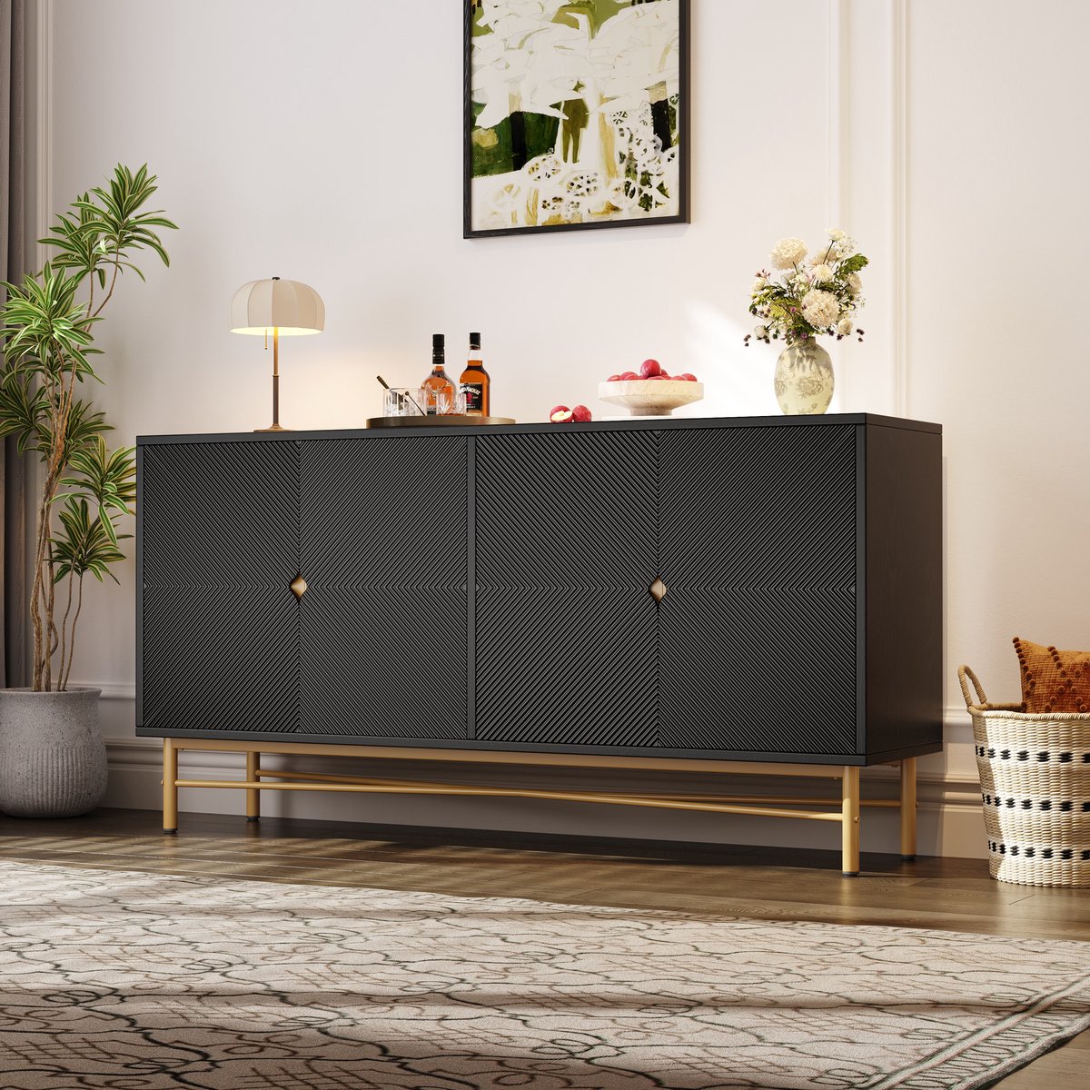 Wishdor - Dressoir - 4 deuren - opbergkast met geribbelde structuur en soft-close - modern voor woonkamer of eetkamer - houtlook en zwart - 160 x 40 x 82 cm