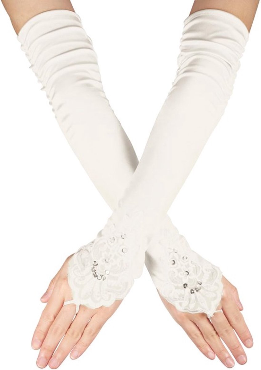 Lange Kanten Handschoenen, Zachte, Vingerloze Kanten Handschoenen, Elleboog Lengte Handschoenen, Lange Satijnen Handschoenen, Bruidshandschoenen voor Bruiloft, Theekransje, Maskerade(Melkachtig)