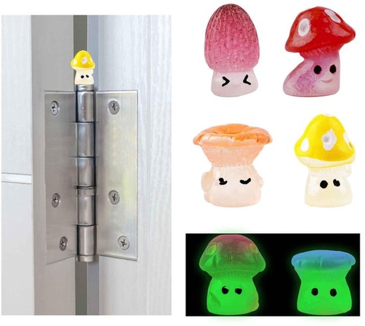 6 stuks Luminous Mushroom Hinge Topper Decoratie Glow in het Donker Kleine Hars Paddenstoel Hinge Hoofd Magneten Ornamenten Schattige Kunst Hinge Hoofd Beeldje