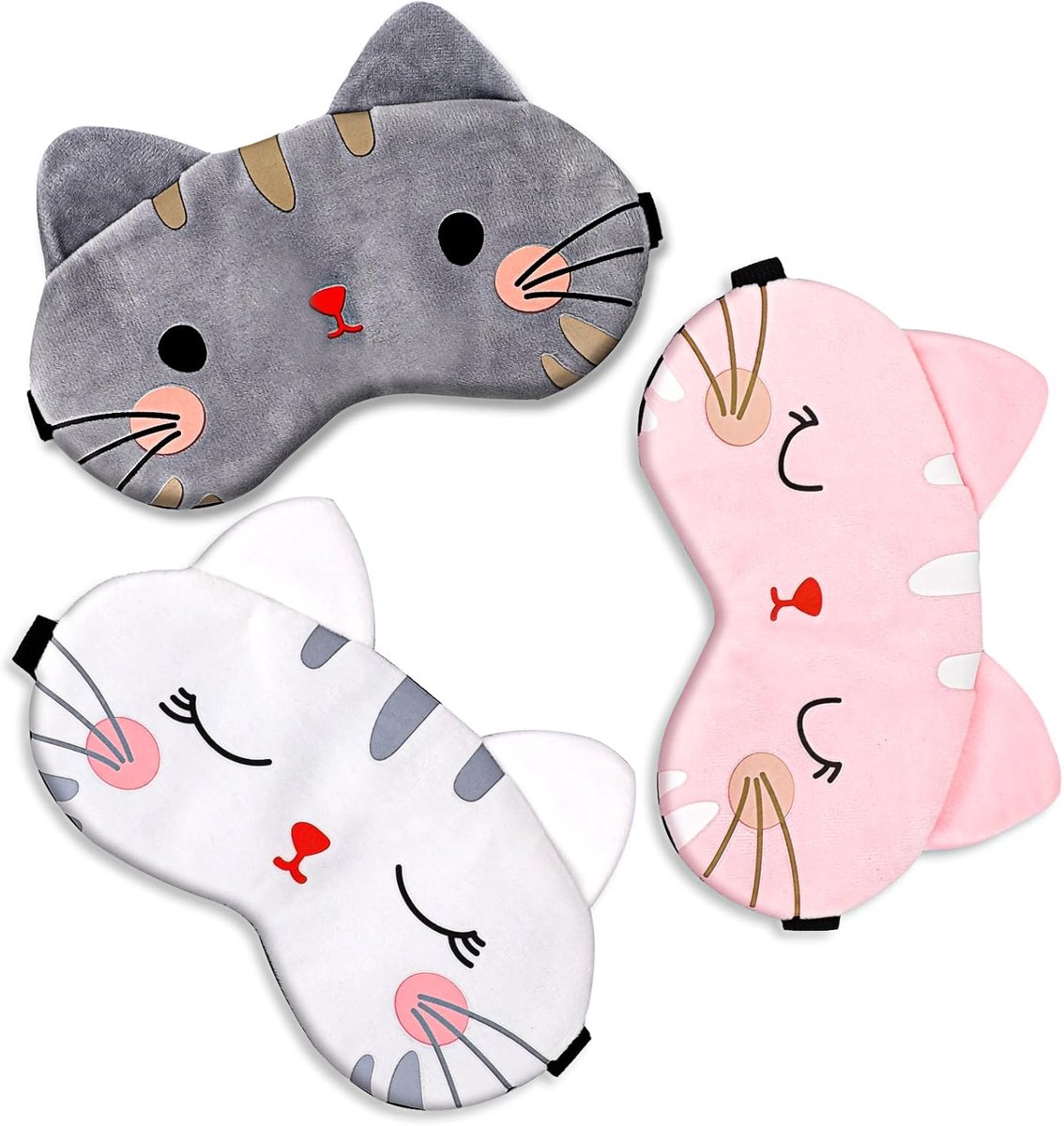 Thijox - Schattig Oogmasker Set van 3 - Zacht Pluche Cartoon Kat voor Volwassenen, Kinderen en Duten - Wit, Roze, Grijs - Perfect voor Slaap, Reis en